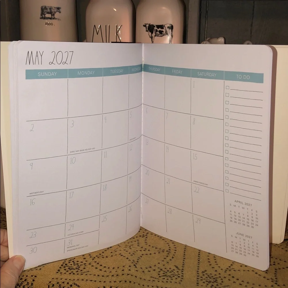 Rae Dunn 2027. 17 Month Planner with Blue/Green Stripes Design